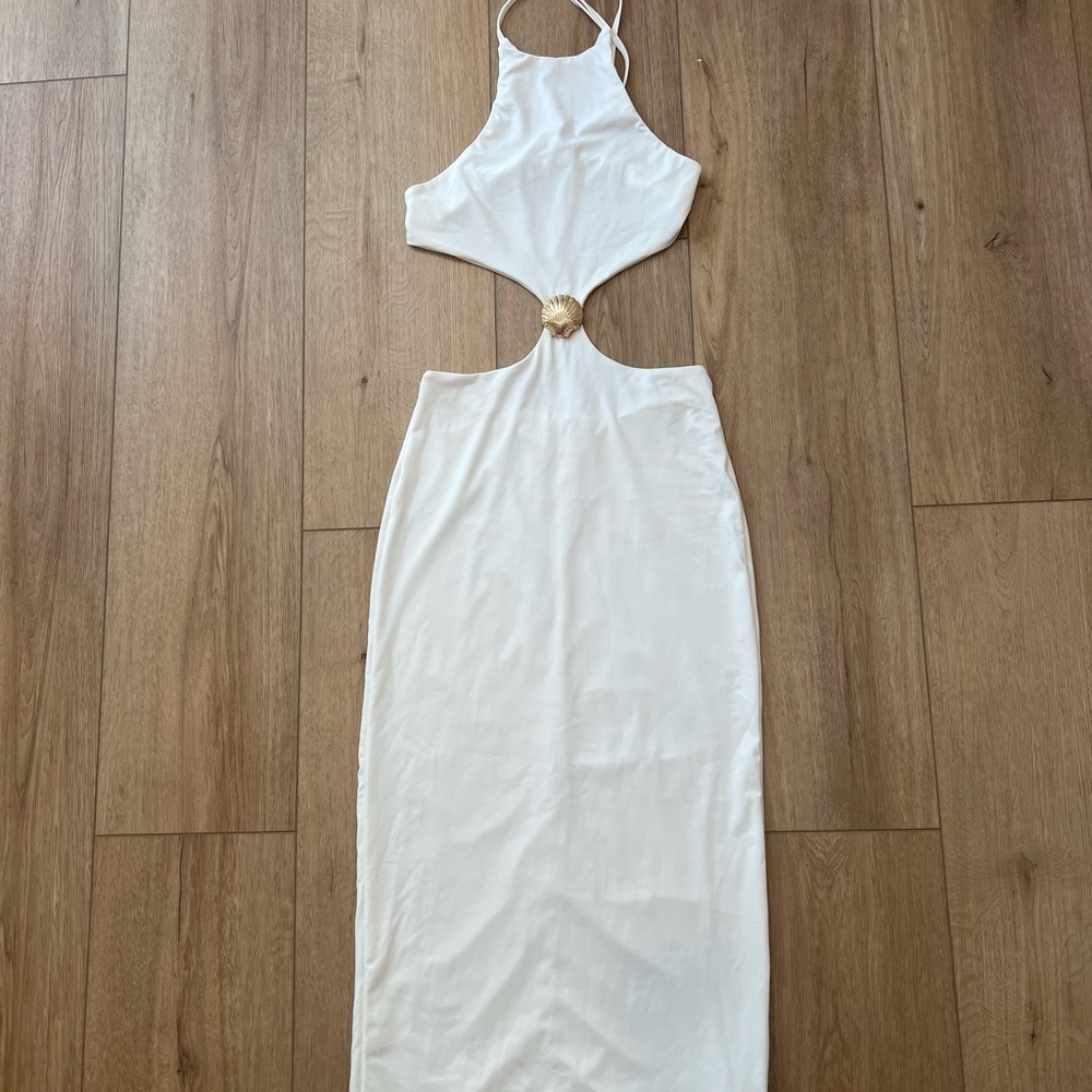 White Halter Cutout Maxi Dress with Gold Accent